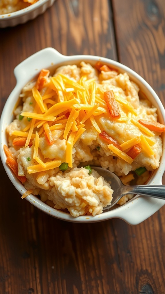 A comforting chicken and rice casserole with melted cheese, served in a small dish on a wooden table.
